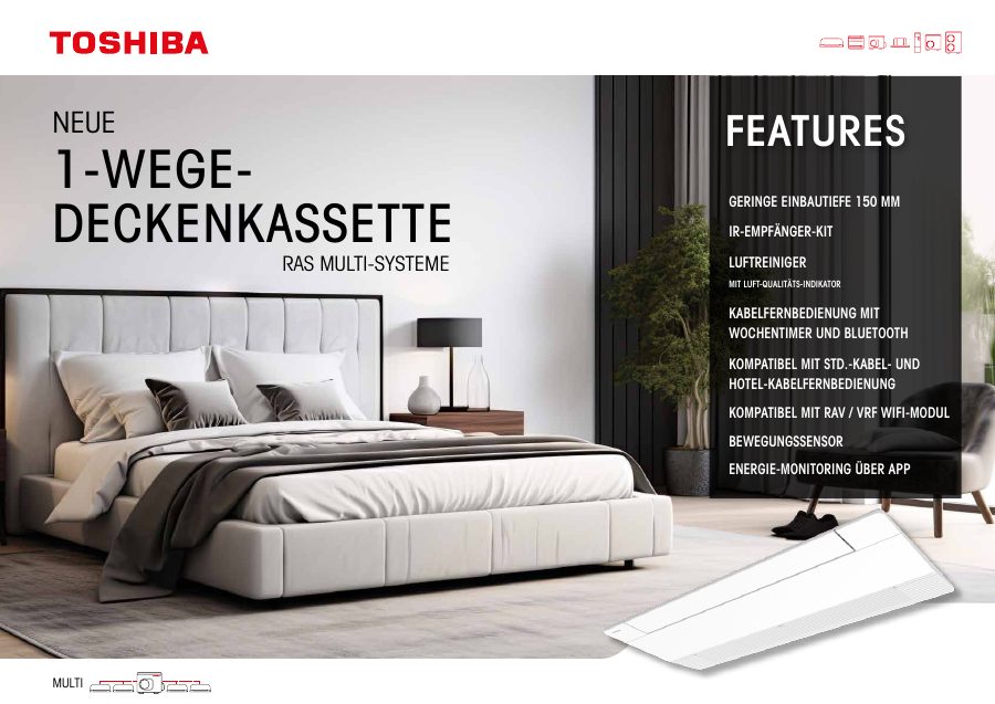 Titelseite der Broschüre Toshiba 1-Wege-Deckenkassette – RAS Multi, 150 mm Einbautiefe