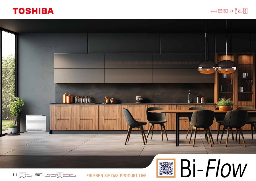 Titelseite der Broschüre Toshiba Bi-Flow Konsole – Truhengerät für Nischen und niedrige Räume