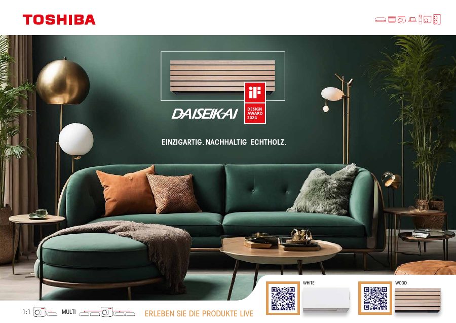 Titelseite der Broschüre Toshiba DAISEIKAI 10 – Wandgerät mit Front aus Naturholz