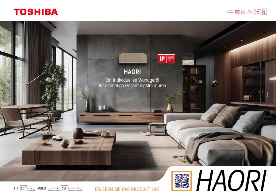 Titelseite der Broschüre Toshiba HAORI – Wandgerät mit Textilbezug