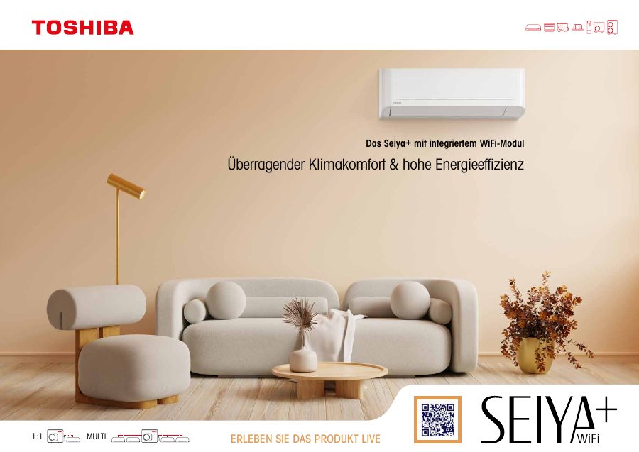 Titelseite der Broschüre Toshiba SEIYA+ WiFi – Preis-Leistungs-Serie mit WLAN ab Werk