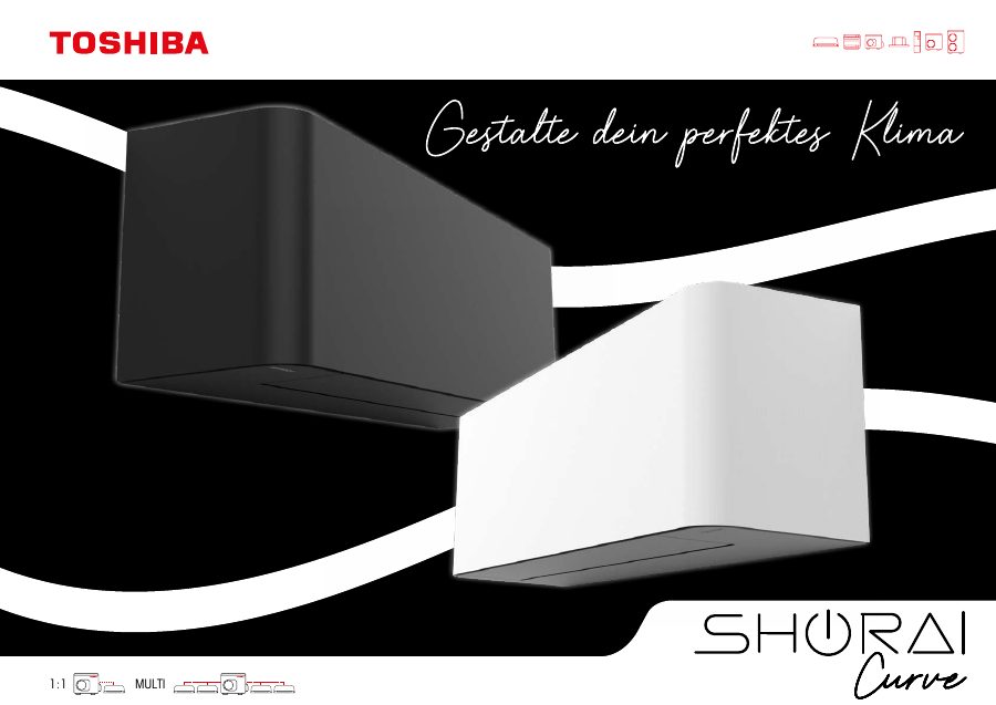 Titelseite der Broschüre Toshiba SHORAI Curve – Design-Wandgerät in Weiß oder Mattschwarz